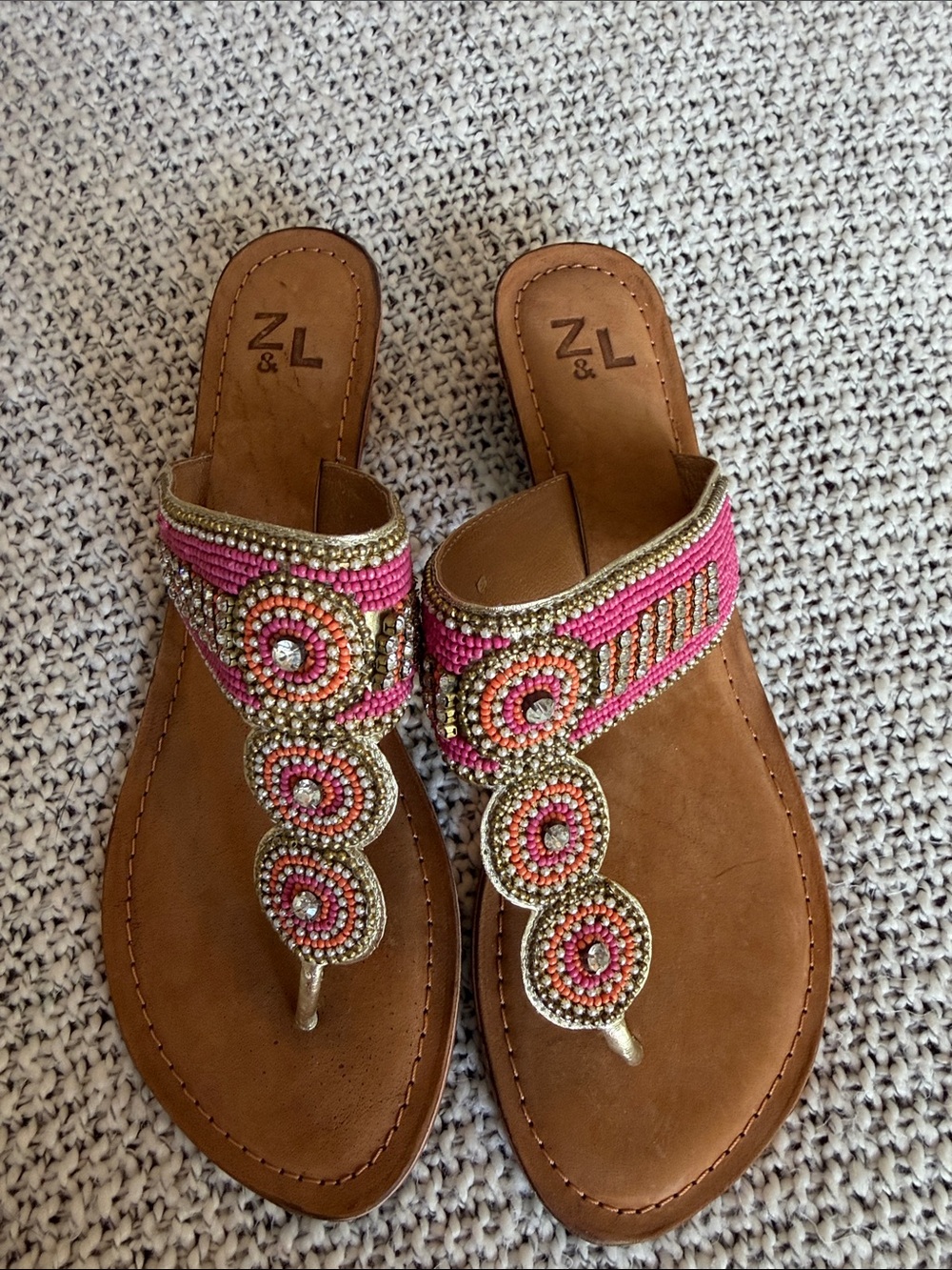 Pink Beaded T-Strap Sandals